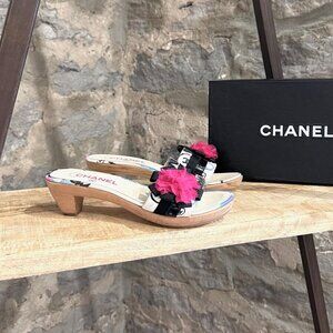 Chanel Vintage Graffiti Flower Accent Slip-on Wooden Sandals